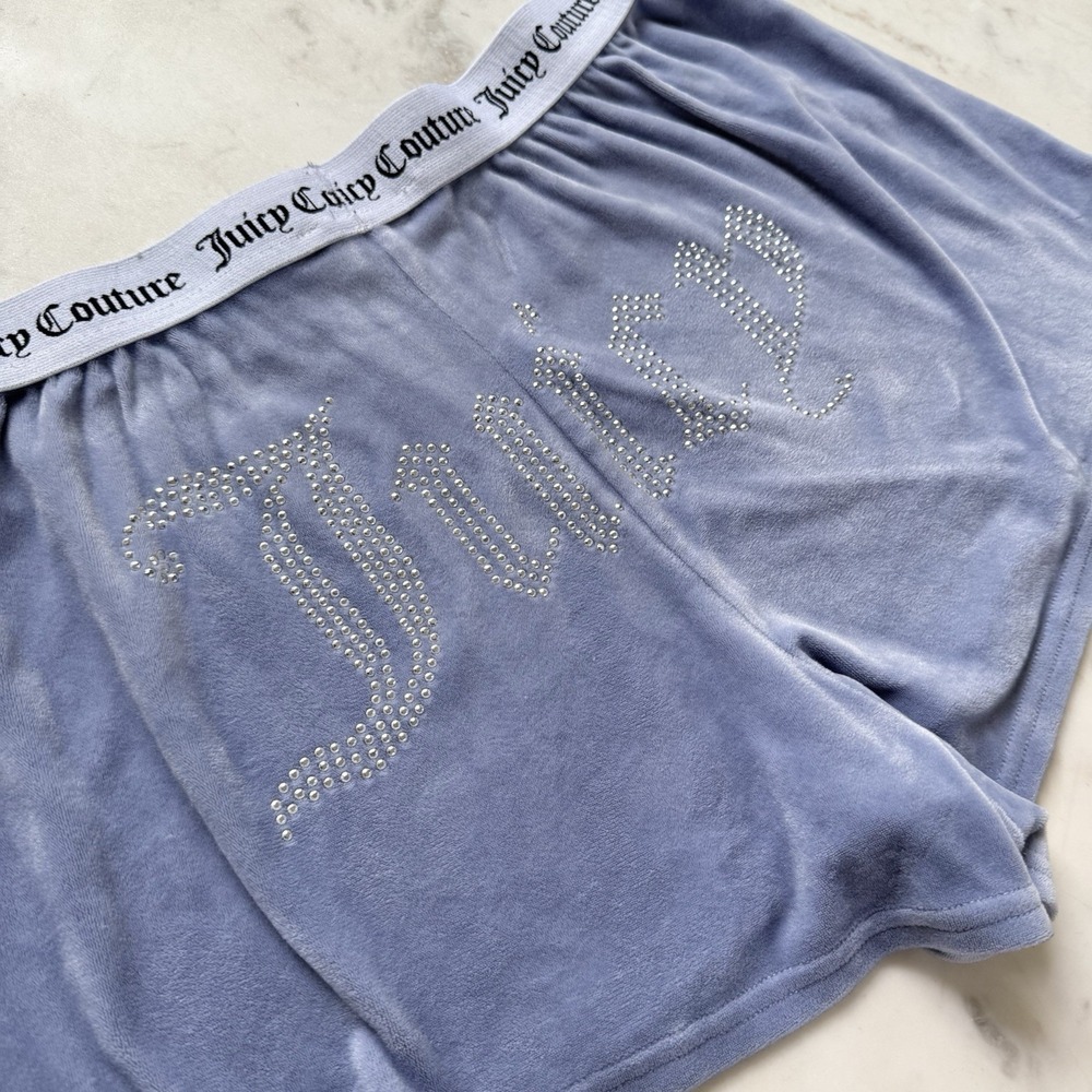 Juicy Couture Big Bling Diamante Velour Shorts Large Light Blue Y2K Spellout